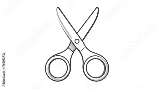 Silver scissors with a black outline, set against a dark background, in an open position