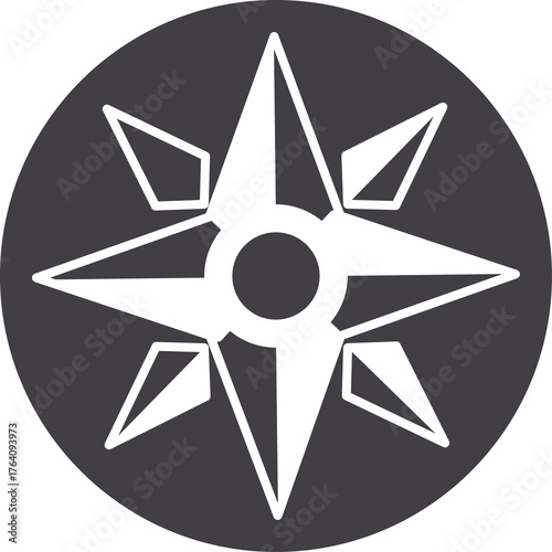 Stylized white wind rose symbol on a dark gray circular background representing direction and navigation isolated on a transparent backdrop