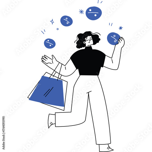 Stylized Woman Juggling Shopping Symbols with Shopping Bags in a Dynamic Pose with Blue Accents and a Transparent Background