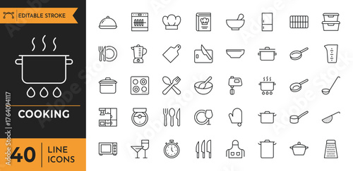 A clean and modern set of cooking icons in minimalist line style with editable strokes, perfect for food apps, recipe blogs, kitchenware packaging, and culinary