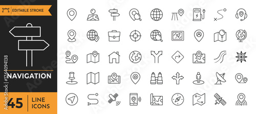 A sleek set of navigation icons in minimalist line style with editable strokes, designed for seamless integration into maps, mobile apps, dashboards, and location-based interfaces.