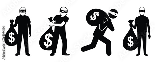 Set of thief silhouettes carrying money bags, perfect for crime or security concept designs.