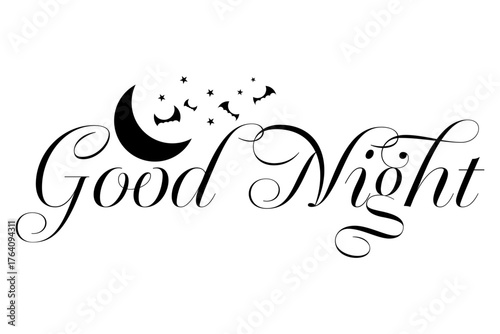 Good Night - 月夜のイラストと、Good Night（おやすみなさい）のロゴマーク
