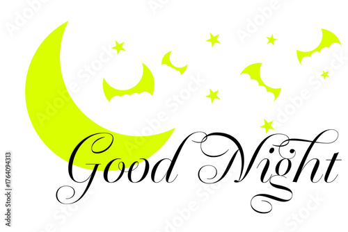 Good Night - 月夜のイラストと、Good Night（おやすみなさい）のロゴマーク
