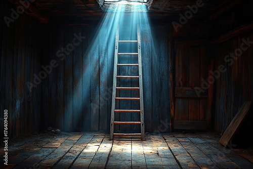 A dimly lit room with a wooden ladder leading up to a bright opening, highlighting rays of light filtering through a ceiling.
