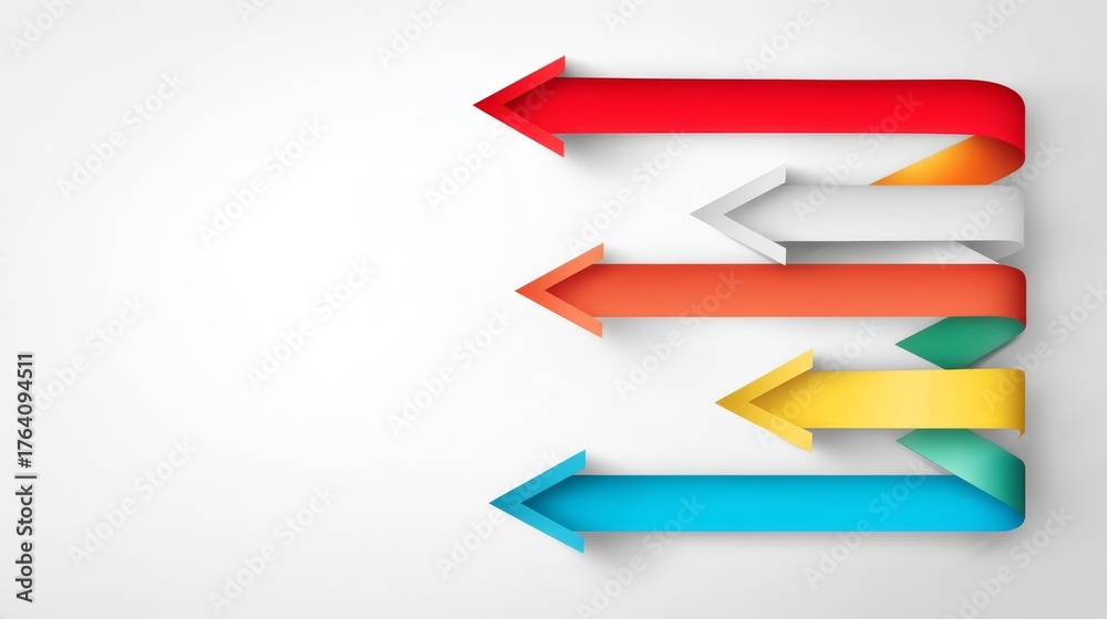 Fototapeta premium Vibrant colorful arrows pointing in various directions on pristine white background abstract concept of progress and guidance.