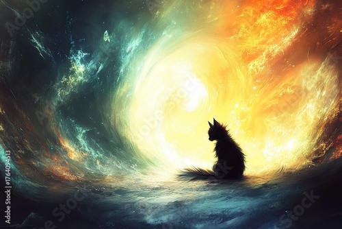 A silhouette of a cat against a swirling cosmic background of vibrant colors, blending elements of space and dreamlike imagery.