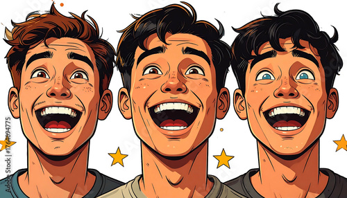 Three smiling men, digital art, close-up, varied hair color and skin tone, set against a festive black background