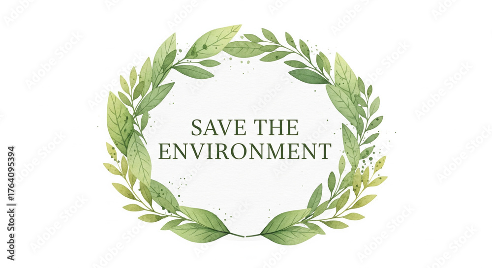 Fototapeta premium Save environment green leaf wreath, eco friendly message, nature conservation, sustainability, watercolor illustration, clean white background