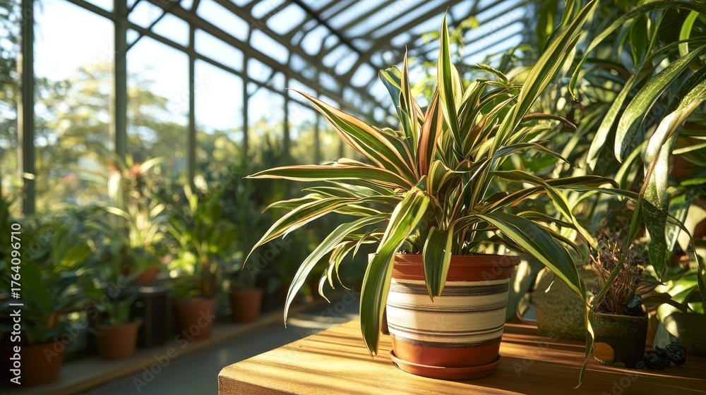 Fototapeta premium 100.A potted dracaena plant with variegated, striped leaves resting on a wooden shelf inside a greenhouse, surrounded by other plants and natural light. The clean, bright atmosphere emphasizes the