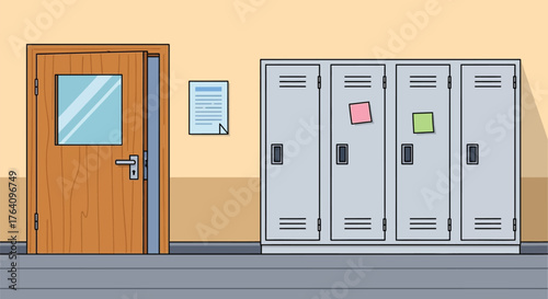 Cartoon school hallway with lockers door and notice illustration art