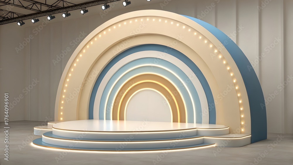 Fototapeta premium Modern rainbow stage with illuminated podium for events and presentations