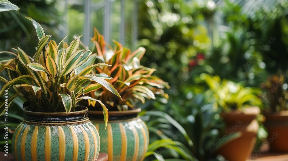 Obraz premium 97.A close-up of variegated dracaena cultivars in decorative pots, with their bold striped leaves creating a stunning visual contrast. The greenhouse background is lush with greenery, providing a
