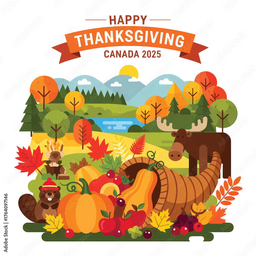 Naklejka premium A vibrant illustration of a Canadian Thanksgiving celebration with a cornucopia of autumnal fruits and vegetables, set against a scenic landscape with mountains, trees, and a serene lake,