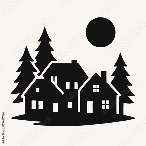 Silhouette of a night village with a moon