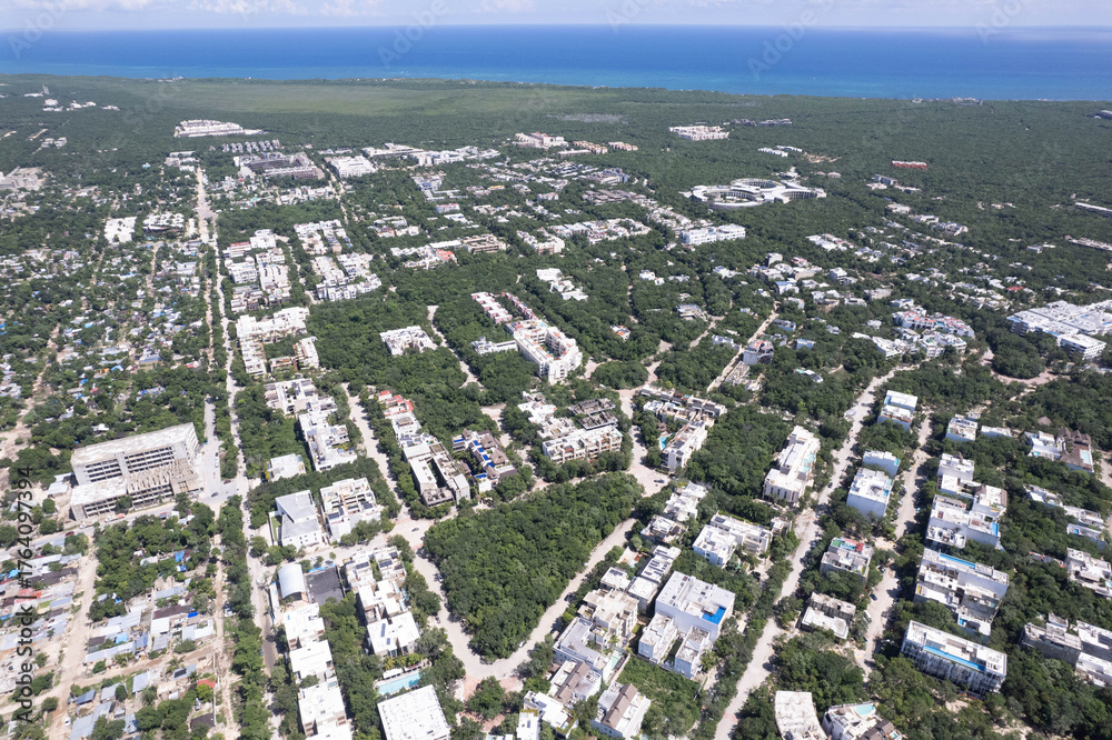 Naklejka premium Aerial Drone View of Residential Area in Tulum, Mexico