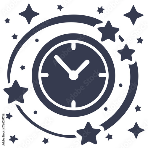 Festive Timepiece Icon with Whirling Stars Symbolizing Celebration and Important Moments