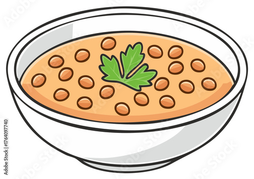 Cartoon bowl of soup with beans and parsley garnish illustration