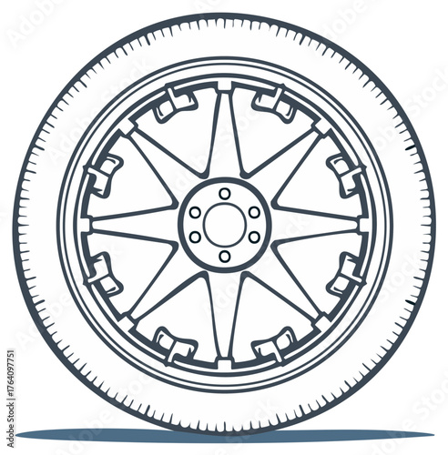 Detailed Line Art Illustration of a Car Tire and Rim