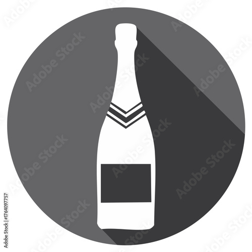 Monochrome champagne bottle icon flat design with long shadow effect