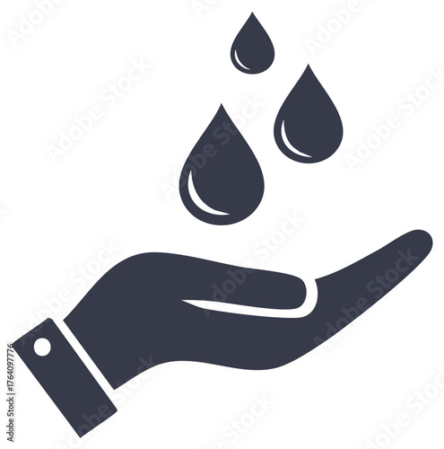 Icon of a hand receiving drops of liquid or water. Concept for care, hygiene or clean water