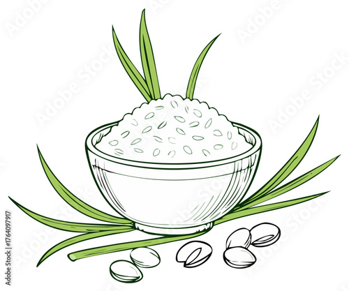 Outline Vector Illustration of a Bowl of Rice Grains with Fresh Herbs and Seeds