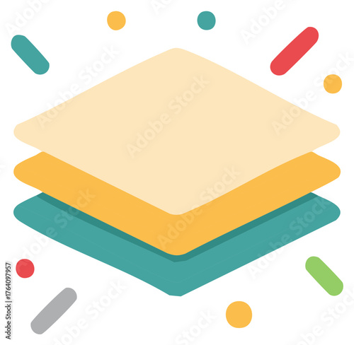 Isometric layered shapes illustration with scattered playful dots and dashes