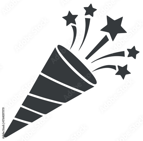 Exploding party popper icon with confetti stars for celebration