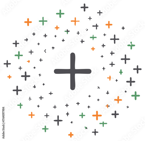 Collection of colorful plus signs scattered around one dark-grey cross symbol on white