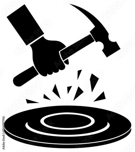 Destruction concept icon of a hand smashing a circular target with a hammer