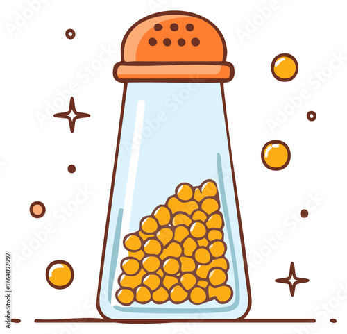 Cartoon Salt Shaker with Golden Pellets and Glowing Circles Illustration