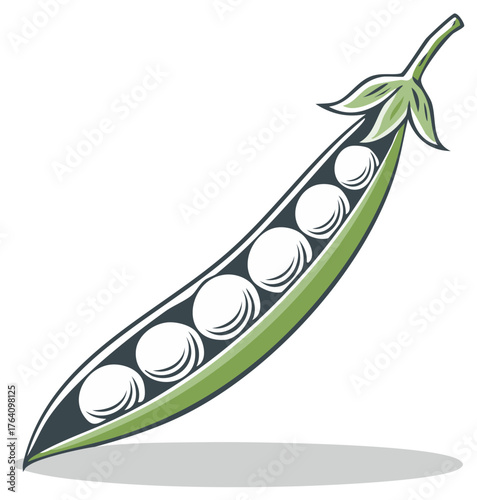 Stylized open green pea pod with peas inside vector illustration icon