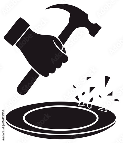 Breaking a plate with a hammer black and white graphic icon concept