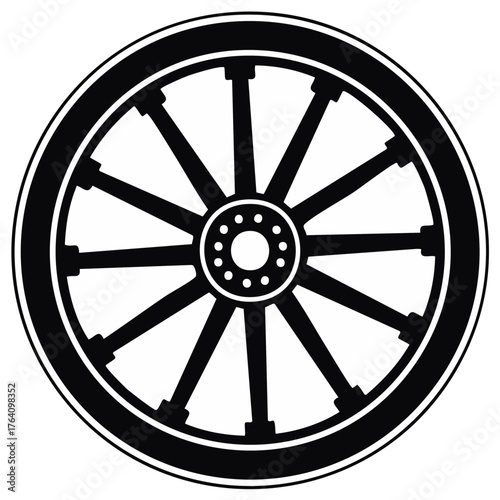 Detailed Black and White Spoked Wheel Icon Vintage Transportation Element Design