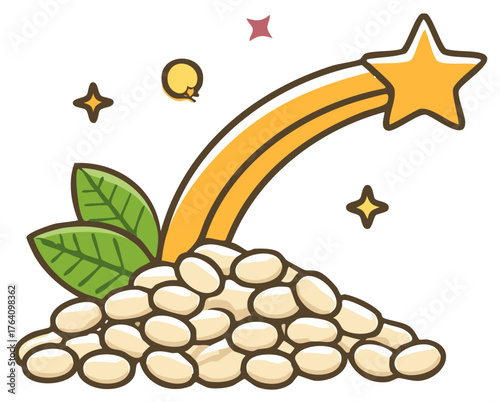 Whimsical illustration of white beans with fresh green leaves and a golden shooting star