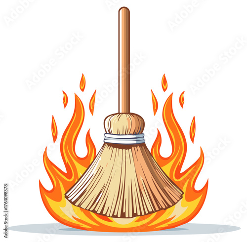 Broom on fire surrounded by flames symbolizing intense heat or a difficult situation