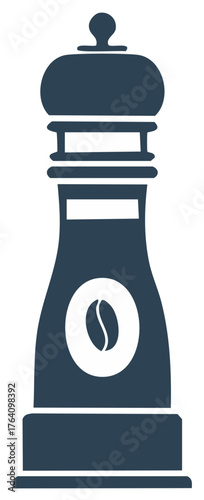 Stylized dark blue coffee grinder mill icon with coffee bean symbol minimalist graphic