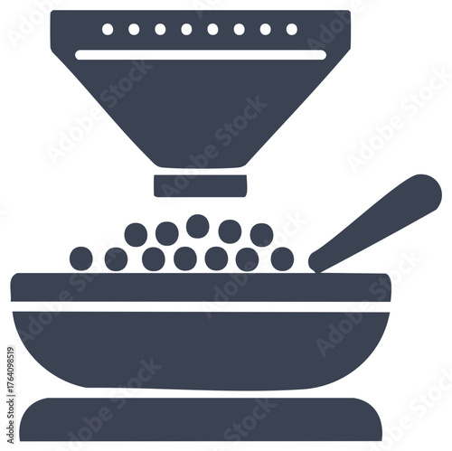 Dispensing grains or pellets from a funnel into a bowl with a spoon, food processing icon