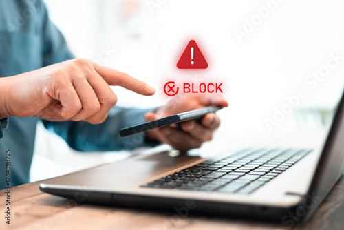 Buiness man Blocked a spam message icon on mobile phone