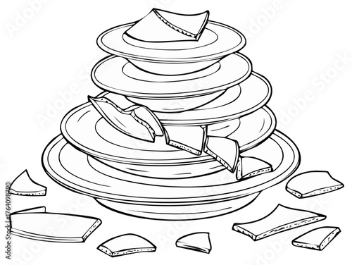 Stacked plates with broken dish shards, a symbol of messiness and disaster, black line drawing, monochrome sketch