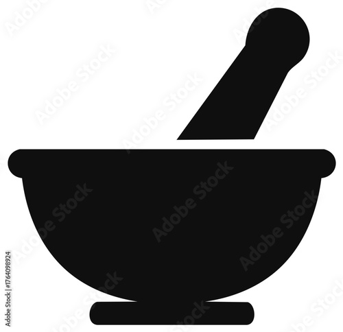 Black silhouette illustration of a mortar and pestle pharmacy symbol
