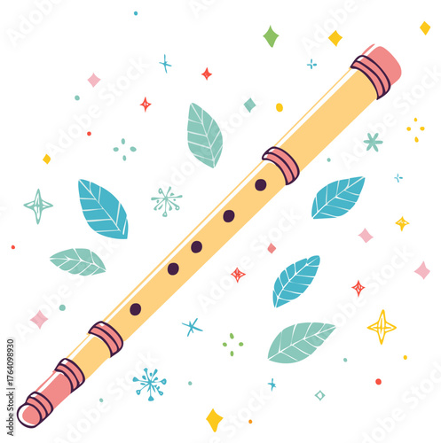 Pastel Colored Flute with Leaves and Star Shapes Vector Illustration Music and Nature Combination