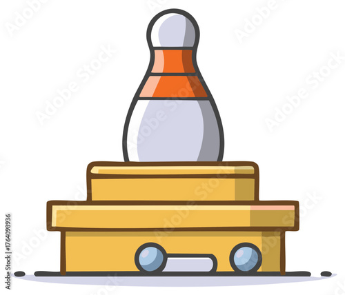 Cartoon Bowling Pin on Yellow Trophy Stand with Balls Icon