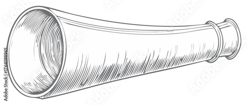 Illustration of a classic hunting horn in vintage etching style with fine lines