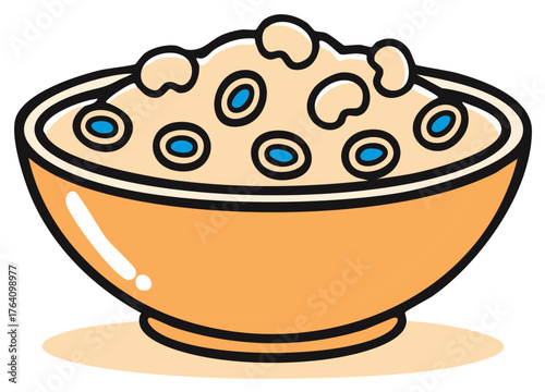 Cartoon illustration of a bowl of cereal with oat and blue cereal rings