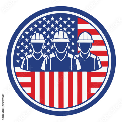 American Labor United Bold Emblem of Strength, Patriotism, and Workforce Pride Featuring Construction Heroes and the Stars and Stripes