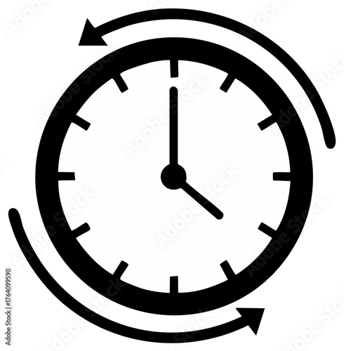Clock face icon surrounded by arrows indicating forward and backward rotation time concept, illustration