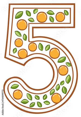 Stylized number 5 design with oranges and green leaves