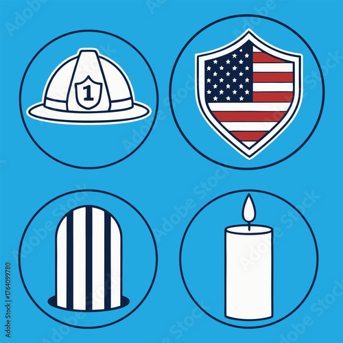 Symbols of Service and Remembrance Honoring Heroes with Firefighter Helmet, Flag Shield, Candle, and Tombstone Icons on Blue Background