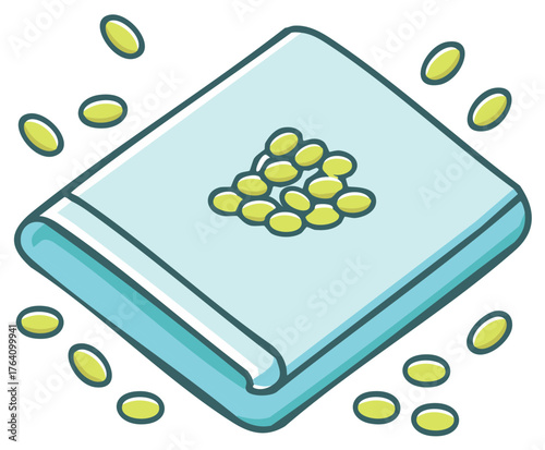Cute cartoon blue book or digital device with green oval seeds falling and scattered around it